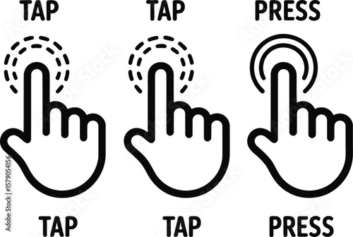 Set of three icons showing finger tap and press gestures on a white background