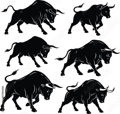 Powerful Bull Silhouettes Collection – Dynamic Black Vectors of Charging and Aggressive Bovines, Symbolizing Strength, Finance, and Taurus Zodiac, Perfect for Logos, Mascots, and Sports Themes.