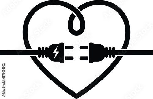 Electric heart connection symbol with power plugs and lightning bolt