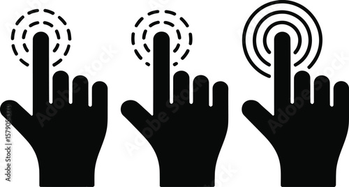 Three black hand icons with touch or click ripple effects on white background