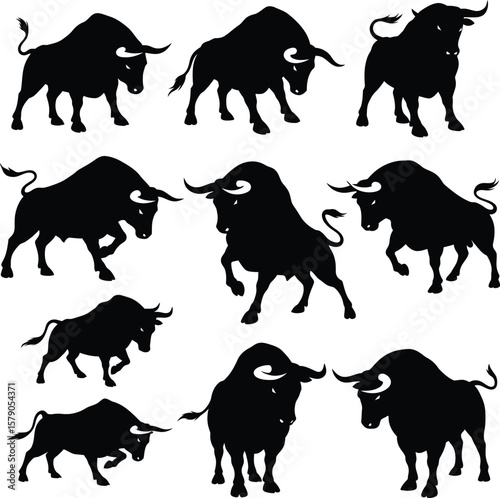 
Bull Silhouette Vector Collection: Dynamic and Powerful Bull Silhouettes in Various Poses, Ideal for Finance, Sports, and Strength-Related Designs, Perfect for Logos and Branding.