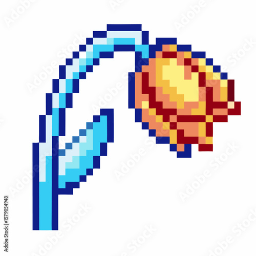 Pixel art wilted yellow flower with bent blue stem and leaf, retro video game plant, withering botanical illustration