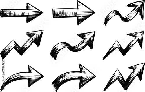 Collection of nine hand drawn black arrows with a sketchy brush stroke style