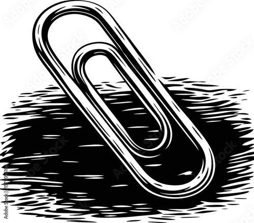 Paperclip illustration black and white sketch of classic office supply, minimalist stationery design, simple metal fastener art