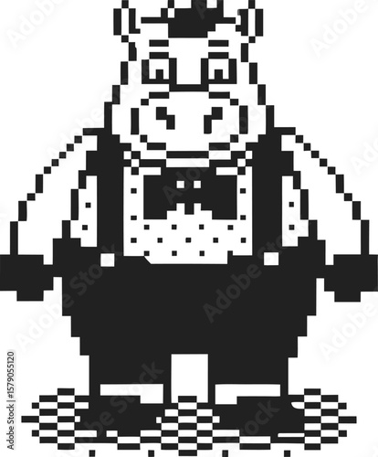 Pixelated hippo wearing suspenders and bow tie retro 8 bit character, playful digital animal illustration