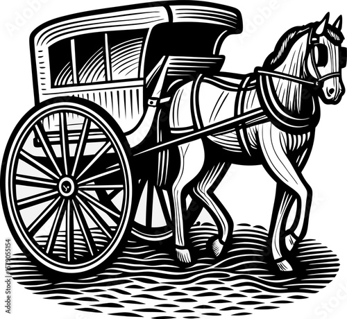 Traditional horse drawn carriage with wagon wheel, vintage transportation, retro illustration, rural history concept