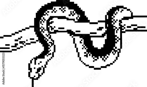 Pixel art snake coiled on tree branch, retro black and white illustration, simple minimalist reptile design, isolated graphic