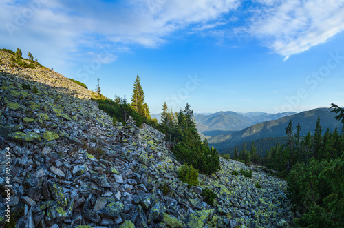 Summer Carpathian mountains evening view. Stony Gorgany massif, Ukraine.