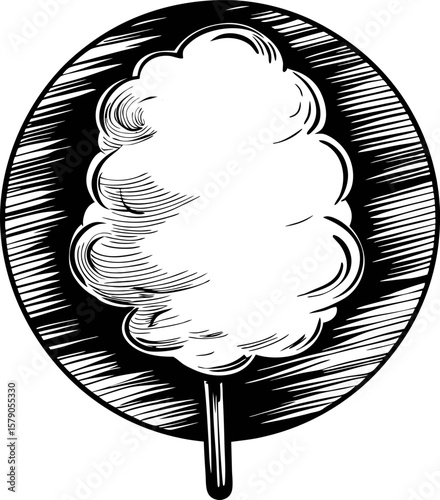 Hand drawn cotton candy illustration with stick vintage food sketch in black and white, round frame, sweet dessert treat
