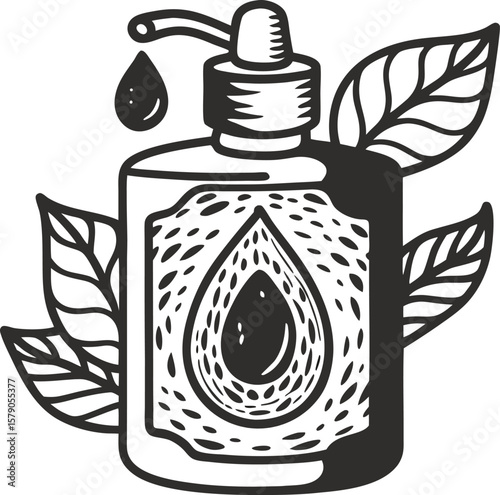 Natural avocado oil bottle with pump dispenser and leaves organic skincare, plant based health, wellness, beauty product