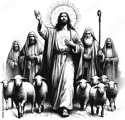The Good Shepherd: Jesus Tends His Flock Jesus Christ linework vintage ink sketch hand drawn pen drawing illustration background vector