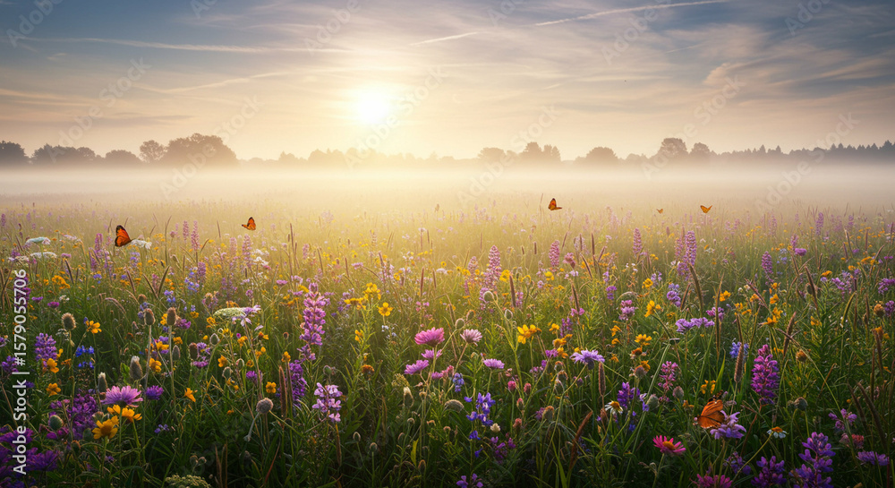 Fototapeta premium Sunny hazy field with colorful wildflowers and butterflies trees in the distance