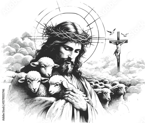 The Lamb and The Shepherd: A Sacred Bond Jesus Christ linework vintage ink sketch hand drawn pen drawing illustration background vector