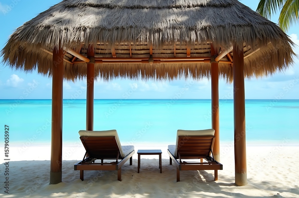 Fototapeta premium Tranquil Beach Getaway Lounge Chairs under Tropical Thatch ai generated