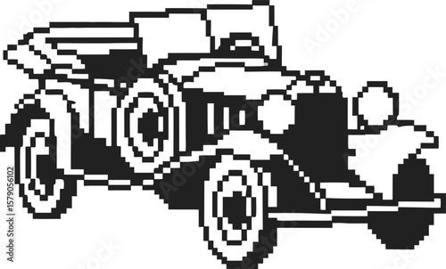 Vintage convertible car in pixel art classic retro automobile silhouette, black and white  illustration