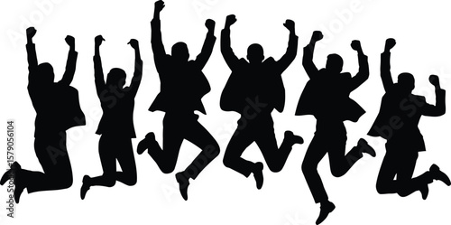 Diverse group of business people celebrating success with joyful jumping silhouettes