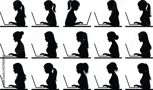 Diverse group of women in silhouette working on laptops in a grid pattern