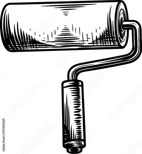 Hand drawn paint roller illustration vintage painting tool sketch, detailed art equipment for home renovation and improvement