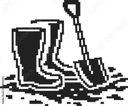 Pixel art rubber boots and shovel in soil monochrome gardening tools, nature work, outdoor farming, planting preparation illustration