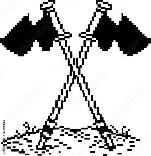 Pixel art crossed axes isolated on white retro black and white design symbol, medieval weapons, vintage pixelated