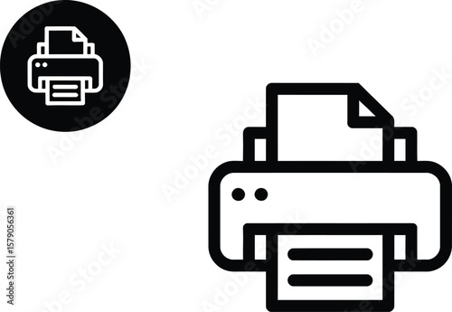 Simple black and white line art icons of a printer and a printer in a circle