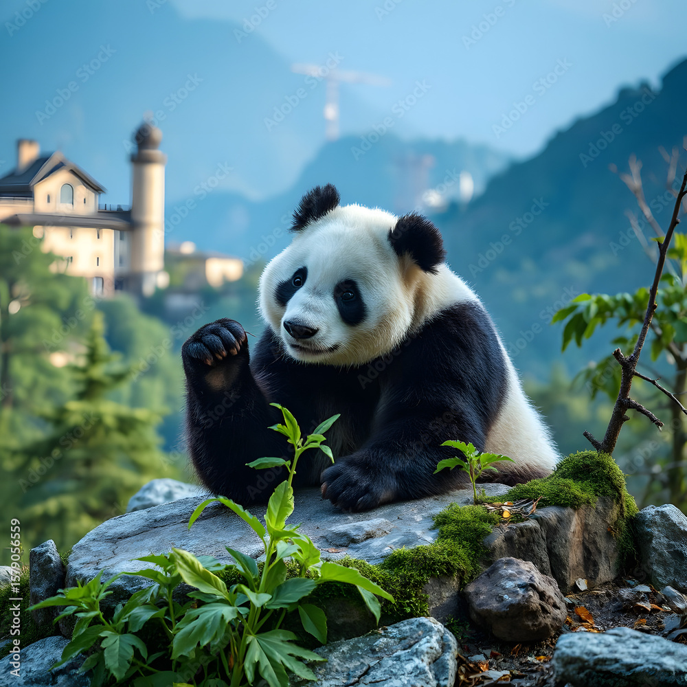 Mountain scenery with panda in China Mountain scenery with panda in China