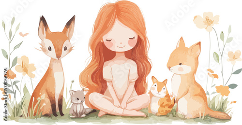 Watercolor Illustration of a Girl Meditating with Forest Animals in Nature