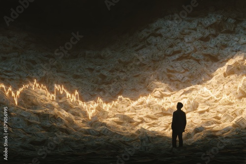 Silhouette in swirl of dollar bills and market chaos. Market volatility. Economic uncertainty with new tariff policies. Stock market flux. Trade impacts.