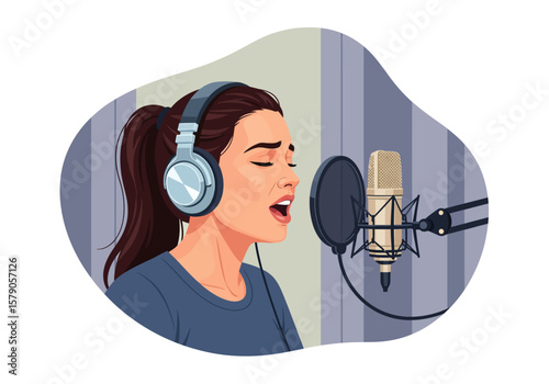 Female singer recording vocals in a professional studio vocal booth.