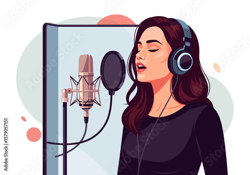 Female singer recording vocals in a professional studio vocal booth.
