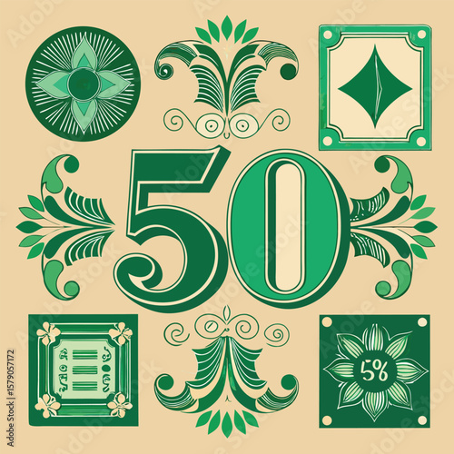 Ornate green floral designs and numbers decorative