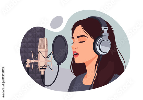 Female singer recording vocals in a professional studio vocal booth.