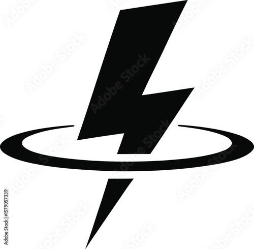 Black lightning bolt striking through a circular ring on a white background