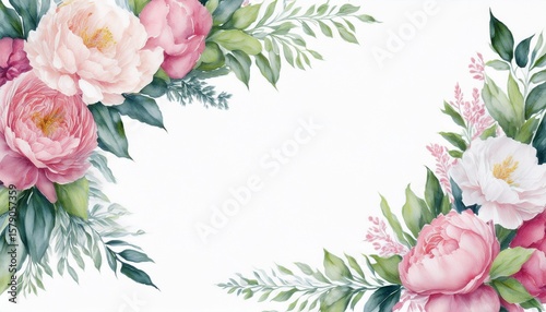 watercolor floral corner border with pink and white peonies roses and greenery on white background
