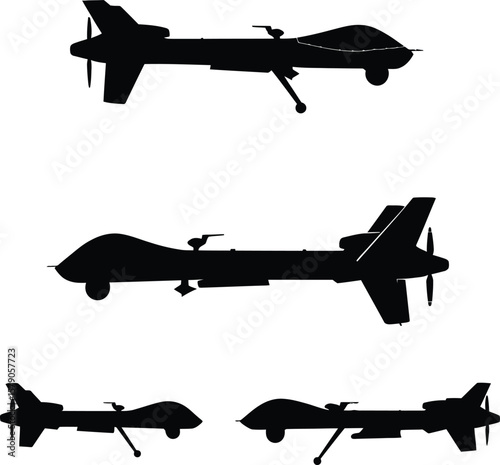 
UAV Military Drone Silhouette Collection: Modern Unmanned Aerial Vehicles in Various Profiles, Perfect for Defense, Surveillance, and Advanced Technology Concepts.