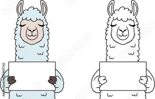 Cute llama holding blank sign vector illustration for advertising marketing and design template use case
