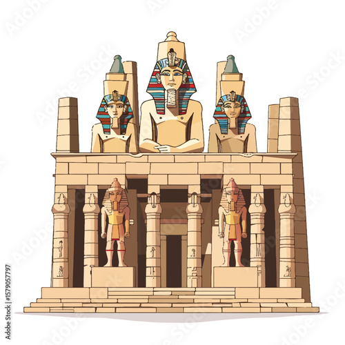 Ancient Egyptian Temple Depicting Pharaohs and Statues in Detailed Illustration