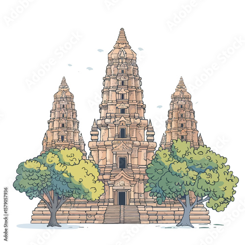 Ancient Asian Temple Complex with Flanking Trees