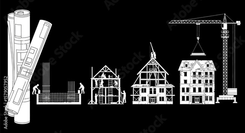 House construction stages blueprint architecture engineering building process development progress plan