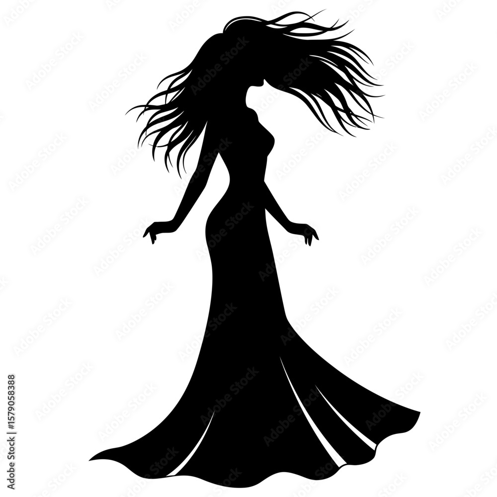 Elegant Silhouette: A poised silhouette of a woman with flowing hair is depicted, exuding grace and poise in a classic pose, perfect for design and visual concepts. Elegant Silhouette: A poised silhouette of a woman with flowing hair is depicted, exuding grace and poise in a classic pose, perfect for design and visual concepts.