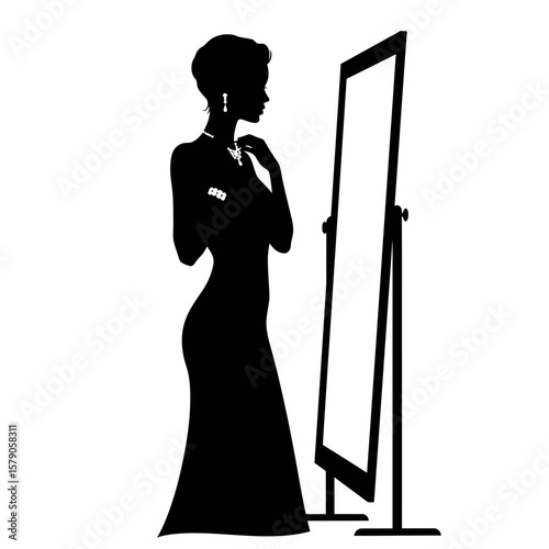 Silhouette of Elegance: A timeless silhouette of a woman, poised and graceful, admiring her reflection in a mirror. The minimalist art style underscores classic beauty and understated elegance.