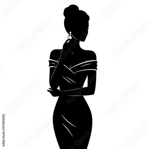 Elegant Silhouette: A graceful silhouette of a woman in a chic dress, posed with poised elegance and adorned with stylish earrings, exudes timeless sophistication and allure.