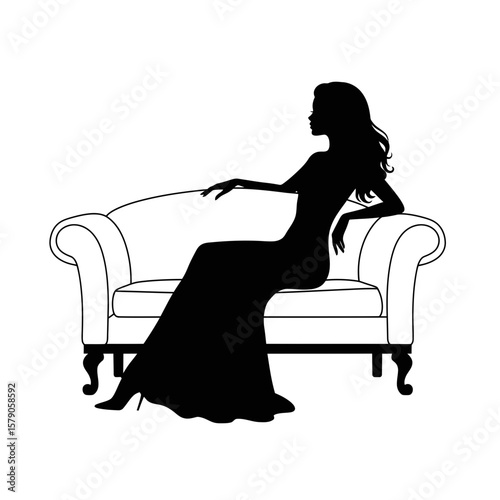 Elegant Silhouette: A refined silhouette of a woman gracefully reclines on a luxurious sofa, emanating an air of sophistication and timeless style.