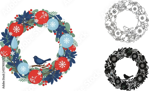 Vector winter holiday wreath with bird and ornaments for christmas and new year celebration design element