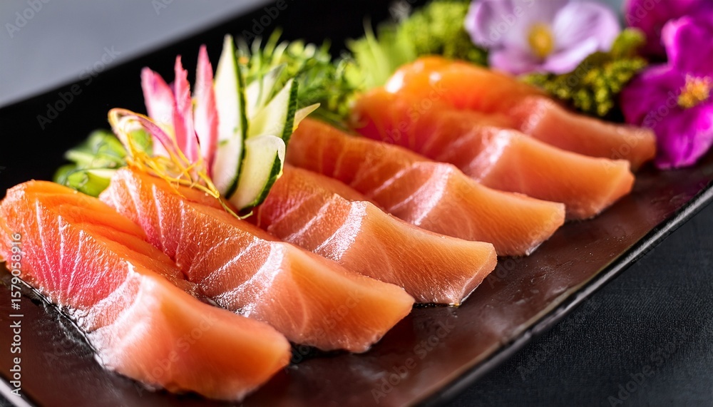 close up shot of delicate slices of sashimi artfully presented on a black plate with thinly sliced radish and edible flowers adding a touch of elegance close up shot of delicate slices of sashimi artfully presented on a black plate with thinly sliced radish and edible flowers adding a touch of elegance
