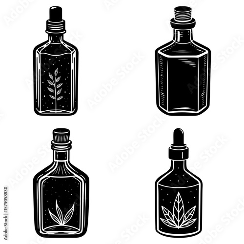 Four black and white bottles with stoppers and plant designs inside containing various liquids