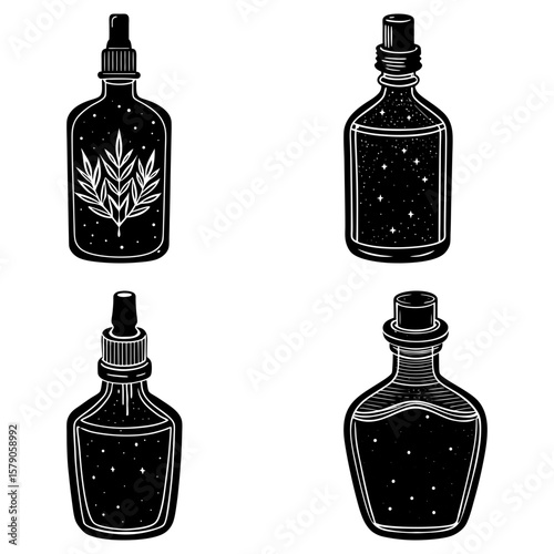 Collection of four black and white bottles with different shapes and contents illustration art