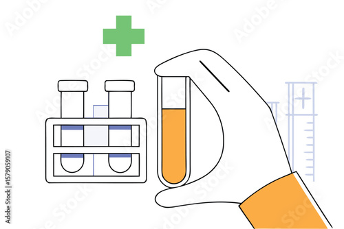Vector illustration of laboratory glass test tubes with blood and various chemical liquids for scientific research and medical analysis