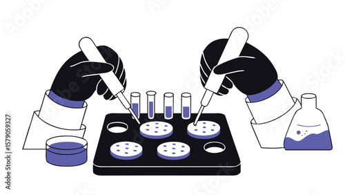 Black and white isolated laboratory equipment: test tubes, paint brushes, and microscopes symbolize medical research and chemistry