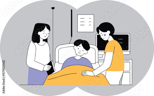 A professional medical team of doctors and nurses provides care to smiling patients in a hospital clinic office during a consultation